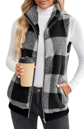Women's Fleece Plaid Vest Outerwear Sleeveless Lightweight Zip Jackets Warm Soft Vests with Pockets Stand Collar Quilted Grey L