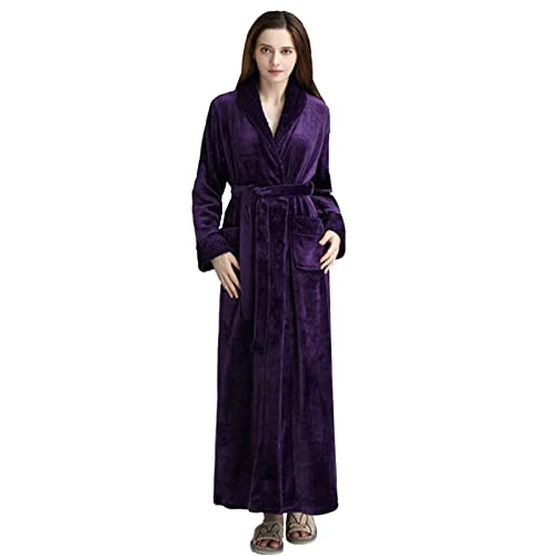 Womens Fleece Robe Soft Plush Bathrobe Fluffy Cute Long Coat Nightgown Nightdress Plush Robe Mid Length Purple