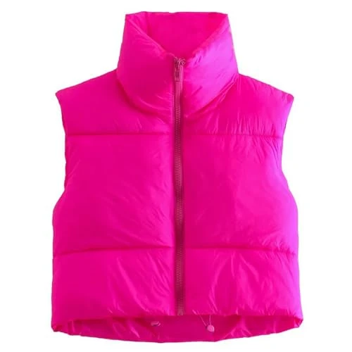 Women's Fleece Vest Lightweight Down Cotton Vest Stand Collar Thickened Warm Zipper Vest Rose Red L