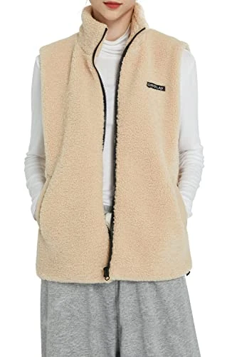 Women's Fleece Vest Sleeveless Zip Closure with Stand-up Collar Fuzzy Faux Gilet Khaki M