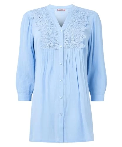 Women's Floaty Longline Pintuck Lace Insert Short Sleeve Blouse, Light Blue, XS