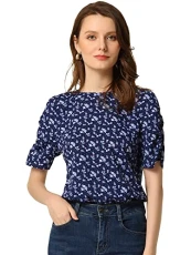 Women's Floral Blouse Crew Neck Casual Shirred Short Sleeve Top Dark Blue S