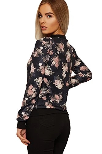 Women's Floral Bomber Jacket Ladies Long Sleeve Rose Print Zip Crew Neck - Black - 14-16