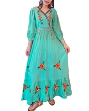 Women's Floral Embroidered Dress 3/4 Sleeve V Neck Party Dress Boho Swing Evening Dress Maxi Dresses Long Summer Dress,Blue1,L