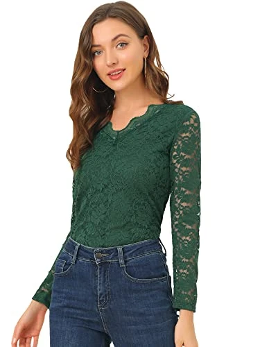 Women's Floral Embroidery Sheer Long Sleeves Lace Blouse Top Dark Green M-12