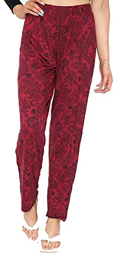 Women's Floral - Full Length Trouser Ladies Floral - Print Elasticated Waist Pants Paisley Wine - 26W / 28L