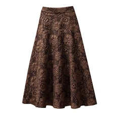 Women's Floral Jacquard High Waist Midi Skirt, XXL, Black, Coffee