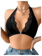Women's Floral Lace Front Fastening Bras Halter Deep V Neck Sexy Wireless Bralettes Black Medium