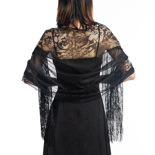 Women's Floral Lace Scarf Shawl with Tassels Wedding Evening Party Dresses Shoulder Wraps Black One Size
