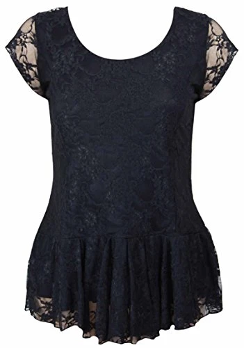 Womens Floral Lace Short Cap Sleeve Round Neck Ladies New Peplum Frill Lined Long Top Black Size 16