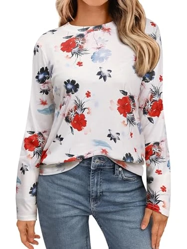 Women's Floral Long Sleeve Top Casual Flower Graphic Crewneck Shirts Spring Fall Tunics Blouse, Whit