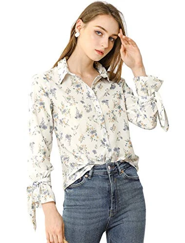 Women's Floral Point Collar Button Down Office Shirt Blouse - White - Medium