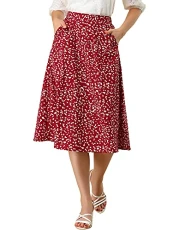 Women's Floral Print A-Line Midi Skirt Chiffon Summer Vintage Skirts Red XL-20