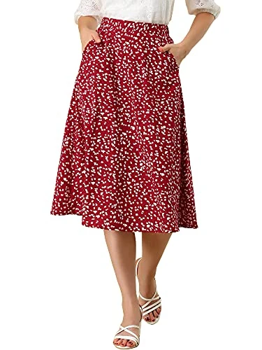 Women's Floral Print A-Line Midi Skirt Chiffon Summer Vintage Skirts Red XL-20