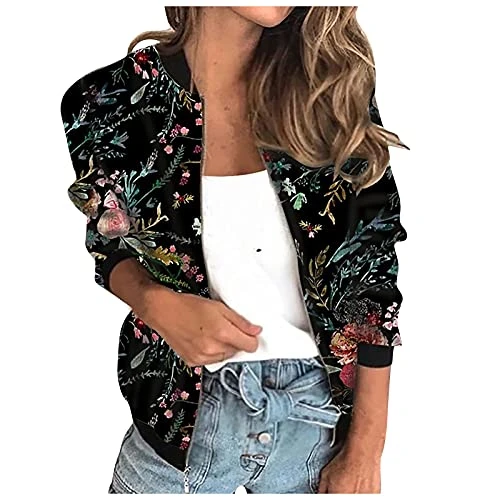 Womens Floral Print Bomber Jacket Short Jacket Casual Long Sleeve Vintage Print Biker Jacket Stand Collar Zipper Cool Biker Jacket Outwear Autumn Spring Transitional Jacket