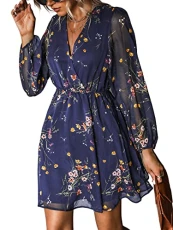 Women's Floral Print Chiffon A-Line Mini Dress Long Peasant Sleeves Elastic Summer Autumn Dress Navy M