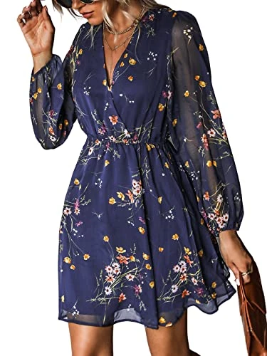 Women's Floral Print Chiffon A-Line Mini Dress Long Peasant Sleeves Elastic Summer Autumn Dress Navy M
