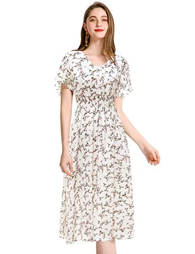 Women's Floral Print Chiffon Midi Dresses Short Sleeve V Neck Swing Elastic Waist A Line Casual Floral Autumn Dress White Small Flower M