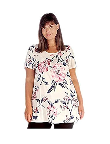 Womens Floral Print Ladies Short Sleeves Stretch Round Scoop Neckline Long Smock Tunic T-Shirt Top P