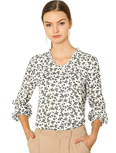 Women's Floral Print Ruffle Neck Blouse Long Sleeves Button Down Peasant Shirt Top S White