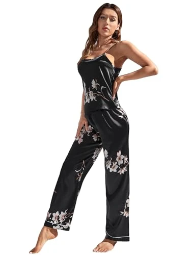 Women's Floral Print Satin Pyjama Set Cami Tops and Pants 2 Piece Pj Set Lounge Wear Set Black Floral L