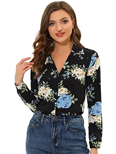 Women's Floral Print Shirts Camp Collar Button Down Office Long Sleeve Blouses Black 16