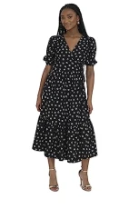 Womens Floral Print V Neck Wrap Front Midi Dress Black/White S