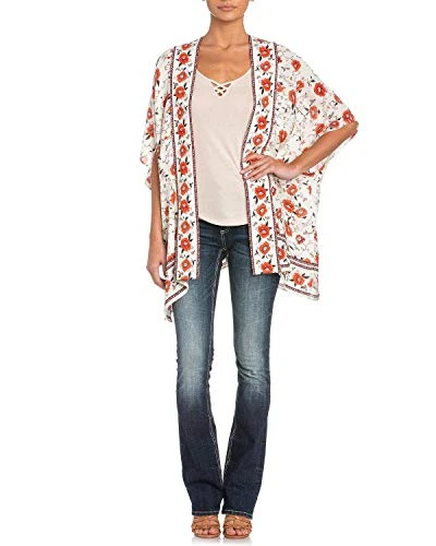 Women's Floral Printed Kimono Cardigan Sweater, Cream White, Small