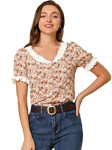 Women's Floral Printed Scalloped Lace Trim V Neck Puff Short Sleeve Chiffon Blouse Dusty Pink 20