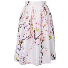 Womens Floral Printed Skirts Ladies Elasticated Waist Midi Pleated Skirt White L
