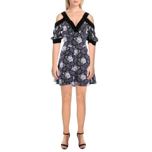 Womens Floral Short Mini Dress, Black, 1