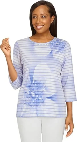 Women's Floral Striped Tie Dye T-Shirt (Iris, X-Large)