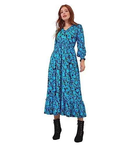 Women's Floral Super Soft Shirred Waist Midaxi Jersey Dress Casual, Blue, 10