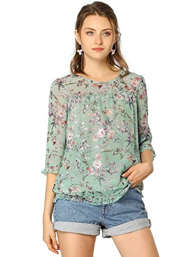 Women's Floral Top Casual Ruffle 3/4 Sleeve Chiffon Blouse Green 12