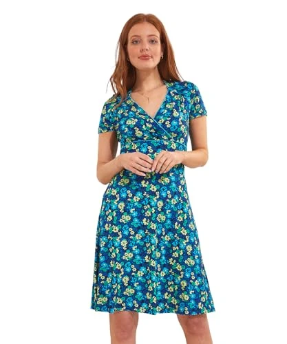 Womens Floral Wrap Front Piping Detail Jersey Dress, Blue, 18 UK