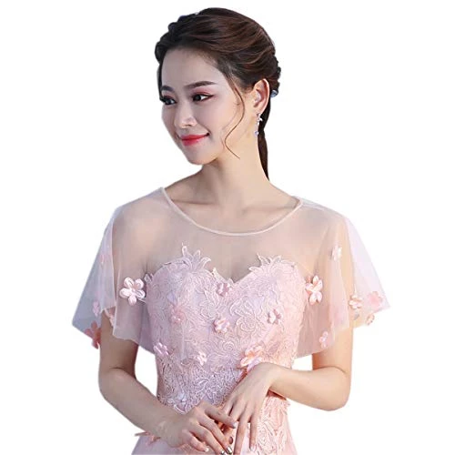 Women's Flower Sheer Tulle Shawls Wrap Evening Wedding Party Capes Bolero Cover Up (Pink)