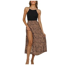 Women's Flowy Maxi Skirt Casual Loose Thin Split A-line Skirt Leopard Print Elasticated Waist Beach Skirt Coffee