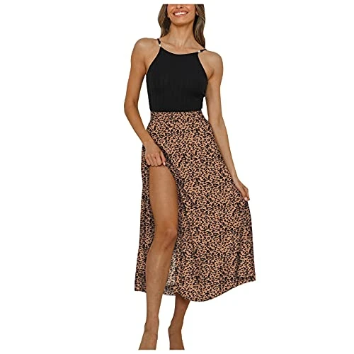Women's Flowy Maxi Skirt Casual Loose Thin Split A-line Skirt Leopard Print Elasticated Waist Beach Skirt Coffee