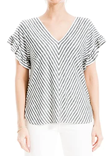 Women's Flutter Sleeve V-Neck Knit Top Blouse, Ivory/Black Even Stripe, L