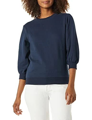 Women's French Terry Fleece Sleeve Detail Crewneck Sweatshirt, Navy, S