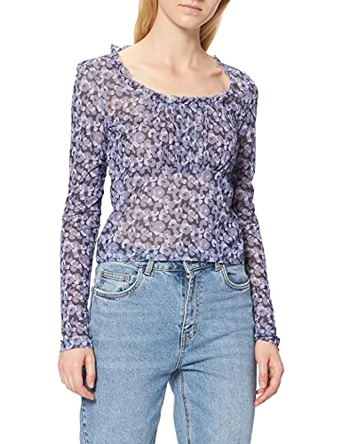 Women's Frill Detail Mesh Top Shirt, Purple Flower, X-Large