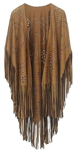 Women's Fringe Shawl Camel Ladies Tassel Cape Faux Suede Wraps Open Front Poncho Cape Asymmetric Hol