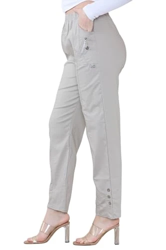 Women's Full Length Cherry Berry Trousers - Ladies Italian Plain Casual Stretchy Elasticated Waist Summer Pants Plus Size Stone 16