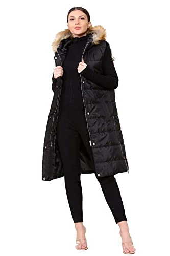 WOMENS FUR HOODED LONG PUFFER BLACK GILET JACKET PADDED TOP BODY WARMER 10-20 (as8, alpha, x_l, regu