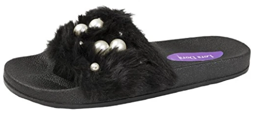 Womens Fur Sliders Fluffy Mules Slippers Black Pearls 6