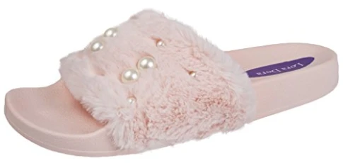 Womens Fur Sliders Fluffy Mules Slippers Pink Pearls 6