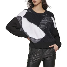 Women's Fuzzy Multicolor Long Sleeve Sweater, Black/Ivory, M Women's Fuzzy Multicolor Long Sleeve Sweater, Black/Ivory, M