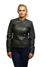 Womens Genuine Lambskin Leather Biker Jacket Distressed (4X-Large) Olive