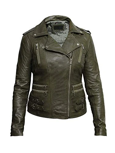 Womens Genuine Leather Biker Jacket Fitted Vintage Rock (Large)