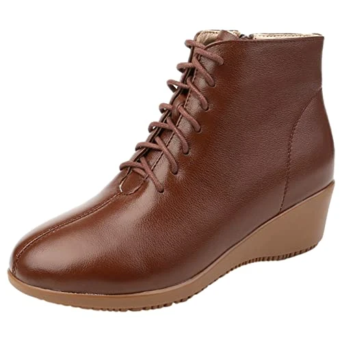 Womens Genuine Leather Fashion Wedge Heel Lace Up Ankle Boots with Leather Lining Brown UK6